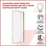 NNEDSZ Adjustable Semi Frameless Shower Screen (82~90) x 195cm Australian Safety Glass