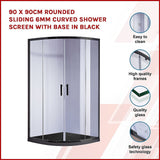 NNEDSZ 90 x 90cm Rounded Sliding 6mm Curved Shower Screen with Base in Black