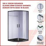 NNEDSZ 100 x 100cm Rounded Sliding 6mm Curved Shower Screen with Base in Black