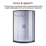NNEDSZ 90 x 90cm Black Rounded Sliding 6mm Curved Shower Screen with White Base