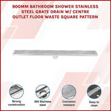 NNEDSZ 900mm Bathroom Shower Stainless Steel Grate Drain w/Centre outlet Floor Waste Square Pattern