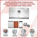 NNEDSZ BRIENZ 32-inch Nano Workstation Ledge Undermount 16 Gauge Stainless Steel Kitchen Sink Single Bowl