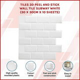 NNEDSZ Tiles 3D Peel and Stick Wall Tile Subway White (30 x 30cm x 10 sheets)