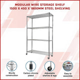 NNEDSZ Modular Wire Storage Shelf 1500 x 450 x 1920mm Steel Shelving with Wheels