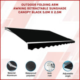 NNEDSZ Outdoor Folding Arm Awning Retractable Sunshade Canopy Black 5.0m x 2.5m