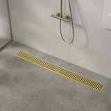 NNEDSZ 900mm Bathroom Shower Brushed Brass Grate Drain w/ Centre outlet Floor Waste Square Pattern