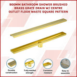 NNEDSZ 900mm Bathroom Shower Brushed Brass Grate Drain w/ Centre outlet Floor Waste Square Pattern