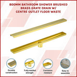 NNEDSZ 800mm Bathroom Shower Brushed Brass Grate Drain w/ Centre outlet Floor Waste