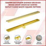 NNEDSZ 1200mm Bathroom Shower Brushed Brass Grate Drain w/ Centre outlet Floor Waste Square Pattern