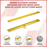 NNEDSZ 800mm Tile Insert Shower Bathroom Brushed Brass Grate Drain w/ Centre outlet Floor Waste