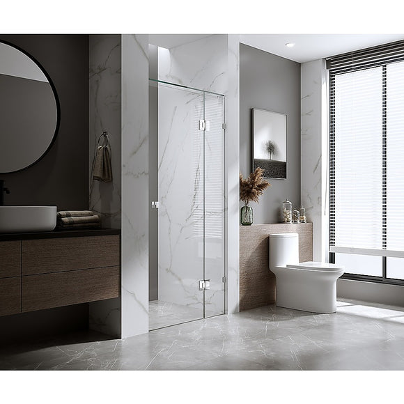 NNEDSZ 100cm Wall to Wall Frameless Shower Screen with Black Brackets and Brass Hinges, Round Knob Handle