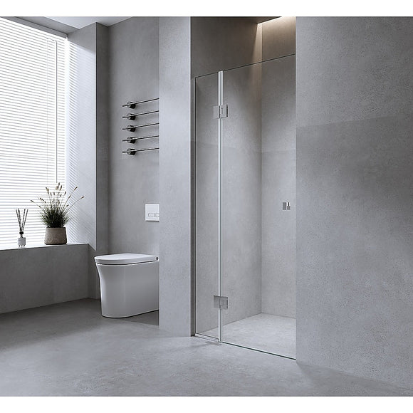 NNEDSZ 100cm Wall to Wall Frameless Shower Screen with Chrome Channel and Brass Hinges , Square Double Pull Handle