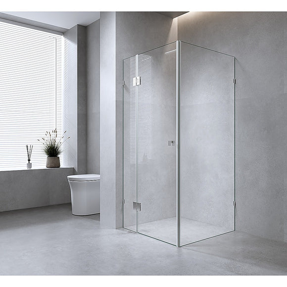 NNEDSZ 120x70cm Corner Frameless Shower Screen with Gold Brackets and SS Hinges, Square Double Pull Handle