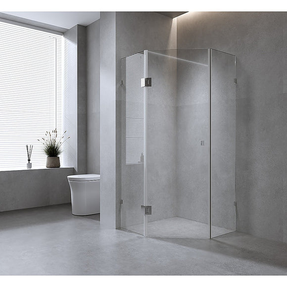 NNEDSZ 90cm Frameless Diamond Shower Screen with Chrome Brackets and SS Hinges, Square Double Pull Handle