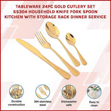 NNEDSZ Tableware 24PC Gold Cutlery Set SS304 Household Knife Fork Spoon Kitchen with Storage Rack Dinner Service