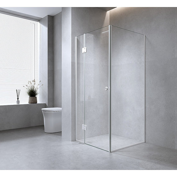 NNEDSZ 120x90cm Corner Frameless Shower Screen with White Channel and SS Hinges, Round Handle
