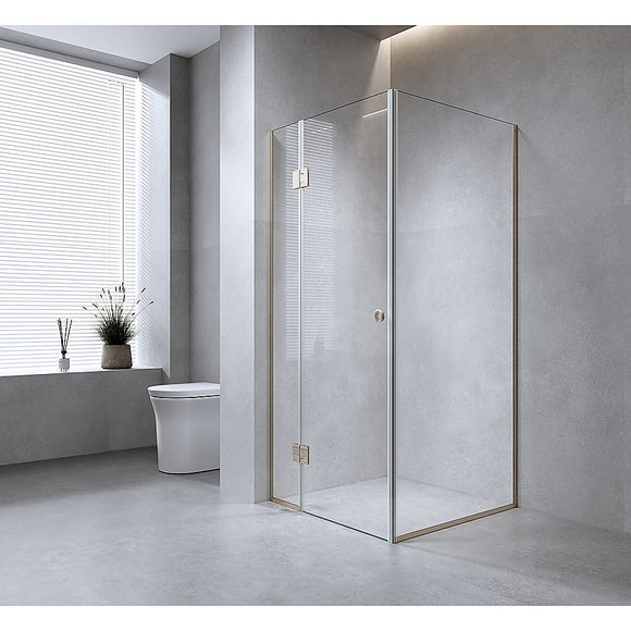 NNEDSZ 120x70cm Corner Frameless Shower Screen with Chrome Channel and Brass Hinges, Round Handle