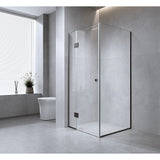 NNEDSZ 120x90cm Corner Frameless Shower Screen with Black Channel and Brass Hinges, Round Handle