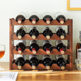 NNEDSZ Bamboo Wine Rack Free Standing 15 Bottles with 6 Glasses Holder Storage in Brown