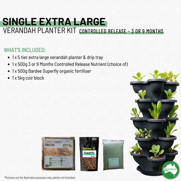 NNEDSZ Single 5 Tier Extra Large Verandah Planter Garden Kit (Inc Coir, A & B Nutrient and Bardee Superfly Organic Booster)  - Charcoal