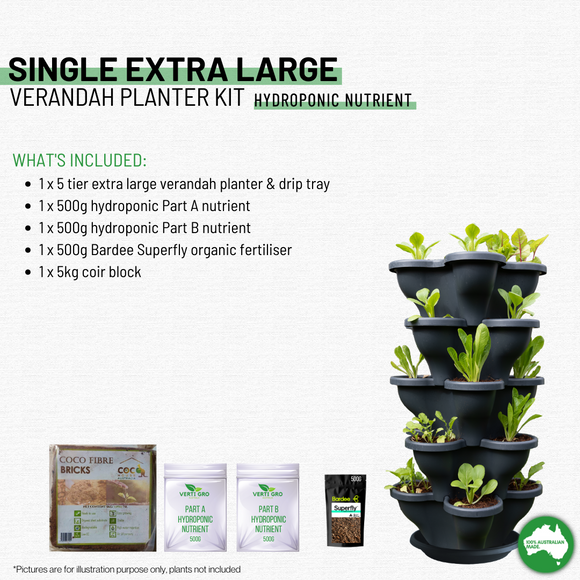 NNEDSZ Single 5 Tier Extra Large Verandah Planter Garden Kit (Inc Coir, A & B Nutrient and Bardee Superfly Organic Booster) - Stone White
