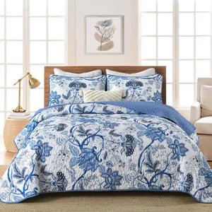 NNEDSZ Blossoming Peony Garden blue white 3 Pc Bedspread & Pillow Cover Set