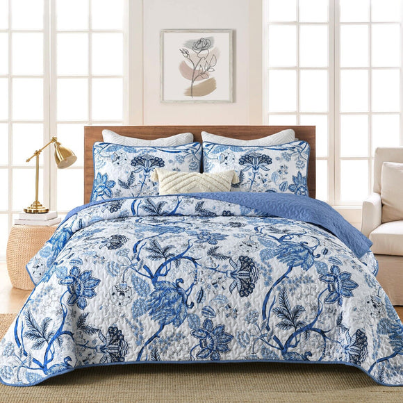 NNEDSZ Blossoming Peony Garden blue white 3 Pc Bedspread & Pillow Cover Set