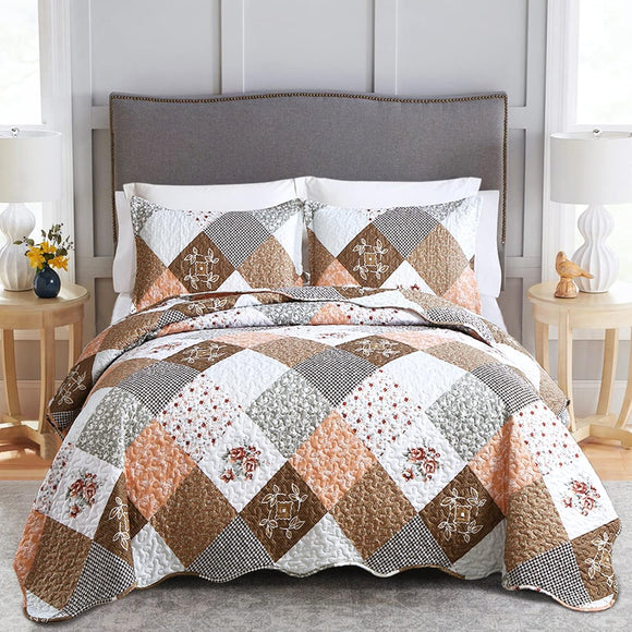 NNEDSZ Gleaming rust brown colo patchwork 3 Pc XL Bedspread & Pillow Cover Set