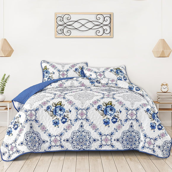 NNEDSZ Rich white blue Elegant 3 Pc Bedspread & Pillow Cover Set