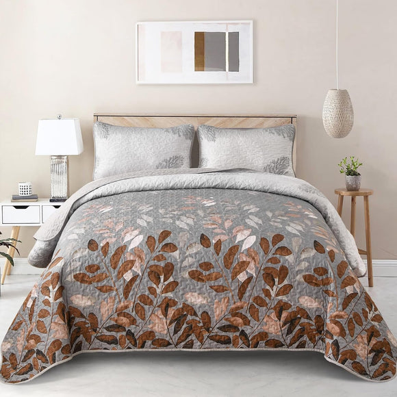 NNEDSZ Gleaming rust grey Floral 3 Pc Bedspread & Pillow Cover Set