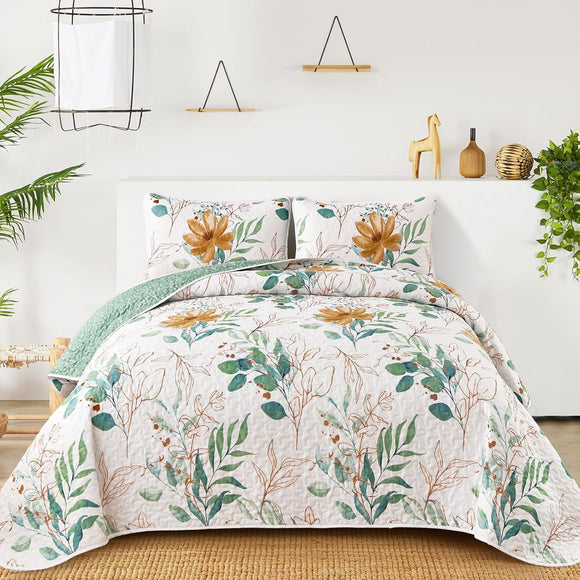 NNEDSZ Serene green Blossom Cozy 3 Pc Bedspread & Pillow Cover Set