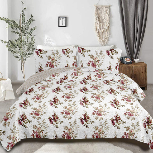 NNEDSZ Crimson Dahlia Garden Plush 3 Pc Bedspread & Pillow Cover Set