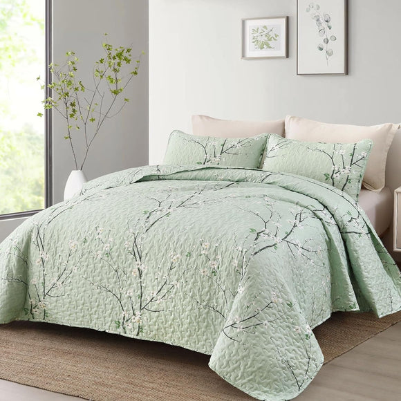 NNEDSZ Chic green Floral Quilted 3 Pc Bedspread & Pillow Cover Set
