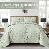 NNEDSZ Chic green Floral Quilted 3 Pc Bedspread & Pillow Cover Set