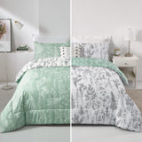 NNEDSZ Floral Comforter Set, King Size, Green White Floral Pattern Reversible Bedding