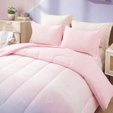 NNEDSZ Girls Comforter Set, Queen Size, Ombre Pink Purple Rainbow 3-Piece Bedding Collection