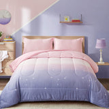 NNEDSZ Girls Comforter Set, King Size, Ombre Pink Purple Rainbow 3-Piece Bedding Collection