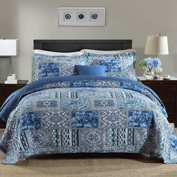 NNEDSZ Elegant patchwork Quilted blue 3 Pc Bedspread & Pillow Cover Set