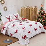 NNEDSZ Joyful Red & white Reindeer pattern reversible Christmas Queen Bedspread Set