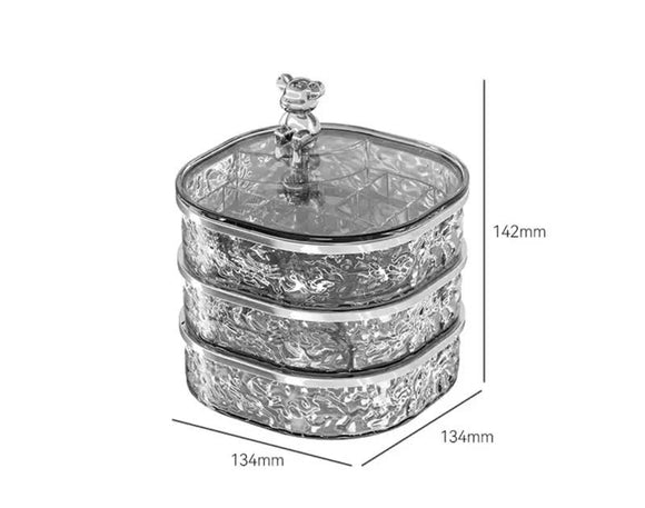 NNEDSZ Elegant Crystal Stackable Jewelry Organizer with Bear Handle - 3-Tier Display Box for Accessories 13.4*13.4*14.2cm (grey)