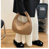 NNEDSZ Luxury Woven PU Leather Hobo Bag - Elegant Shoulder Tote 34*21cm (khaki)