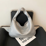 NNEDSZ Elegant Woven PU Leather Hobo Bag - Soft Shoulder Tote 47*32cm (Silver)