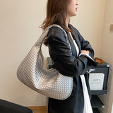 NNEDSZ Elegant Woven PU Leather Hobo Bag - Soft Shoulder Tote 47*32cm (Silver)