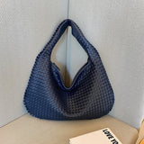 NNEDSZ Elegant Woven PU Leather Hobo Bag - Soft Shoulder Tote 47*32cm (navy blue)