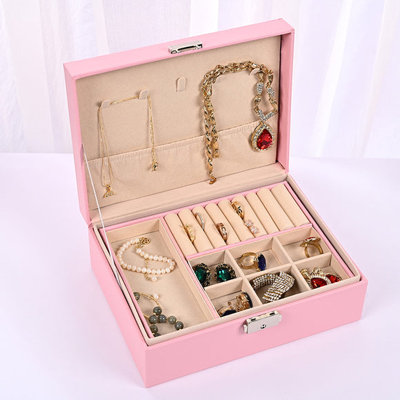 NNEDSZ Luxury Jewelry Organizer Box - Elegant Multi-Compartment Storage Case (Pink)23*17*8.8cm