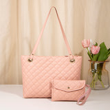 NNEDSZ Elegant Quilted Tote Bag with Matching Clutch in Soft Pink