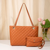 NNEDSZ Elegant Quilted Tote Bag with Matching Clutch in  Brown