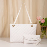 NNEDSZ Elegant Quilted Tote Bag with Matching Clutch in White