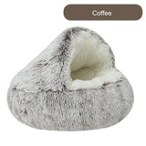 NNEDSZ Cozy Coffee Plush Hooded Pet Bed - Ultra Soft Long Fur Cave Bed for Small Pets 50cm