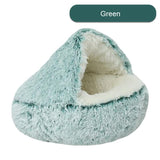 NNEDSZ Cozy Green Plush Hooded Pet Bed - Ultra Soft Long Fur Cave Bed for Small Pets 50cm